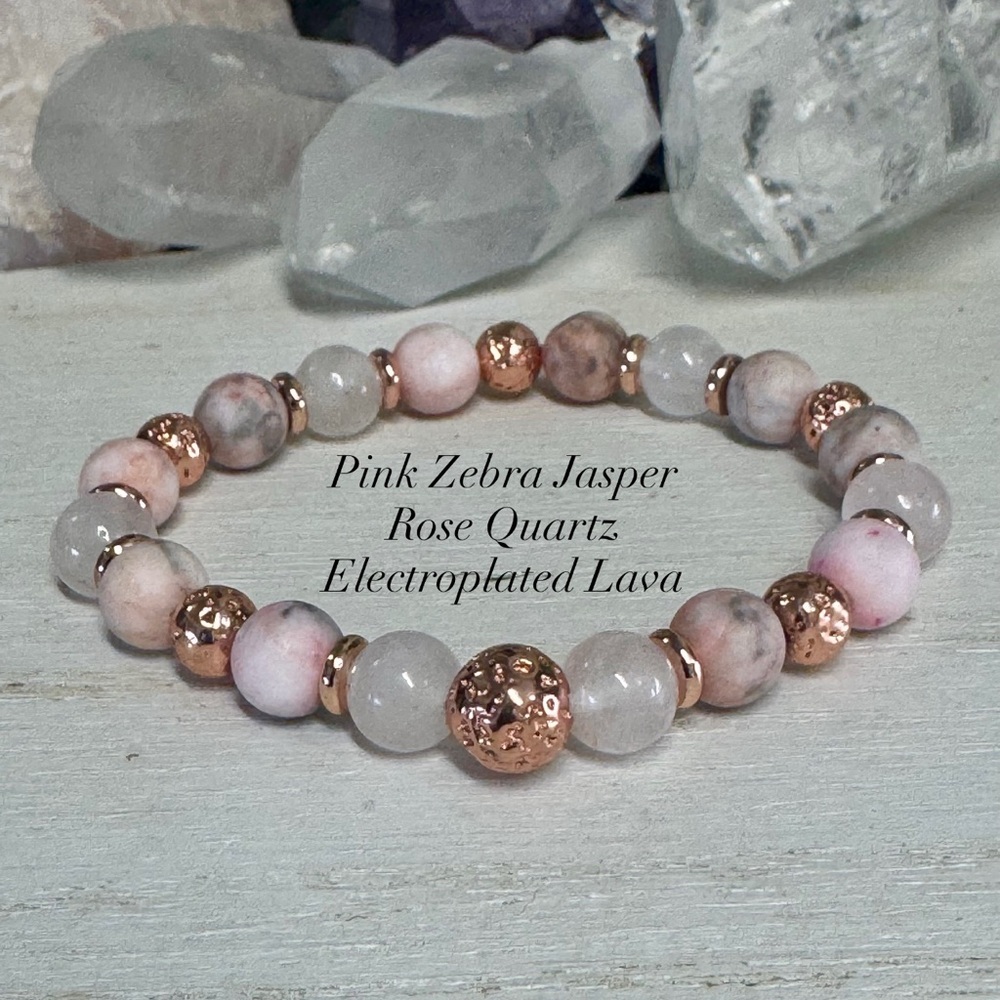Pink Zebra Jasper, Rose Quartz & Electroplated Lava Gemstone Bracelet